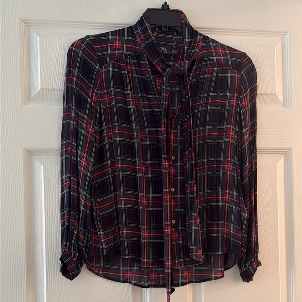 Polo Ralph Lauren Tartan plaid tie bow button up blouse